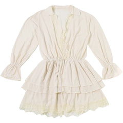 Beige Tiered Bell Sleeve Lace Up Mini Dress