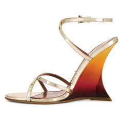 Gold gradient wedge heel sandal with cross straps and ankle strap
