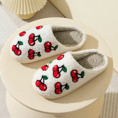 Plush Cherry Embroidered Cozy Slippers