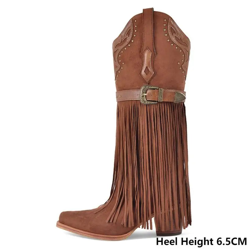 Side profile of brown suede fringe chunky heel boots