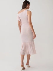 Asymmetrical one shoulder midi dress front detail