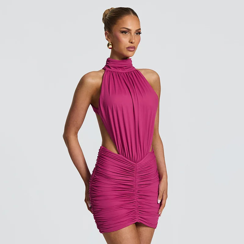 Halter neck ruched mini dress in rose red