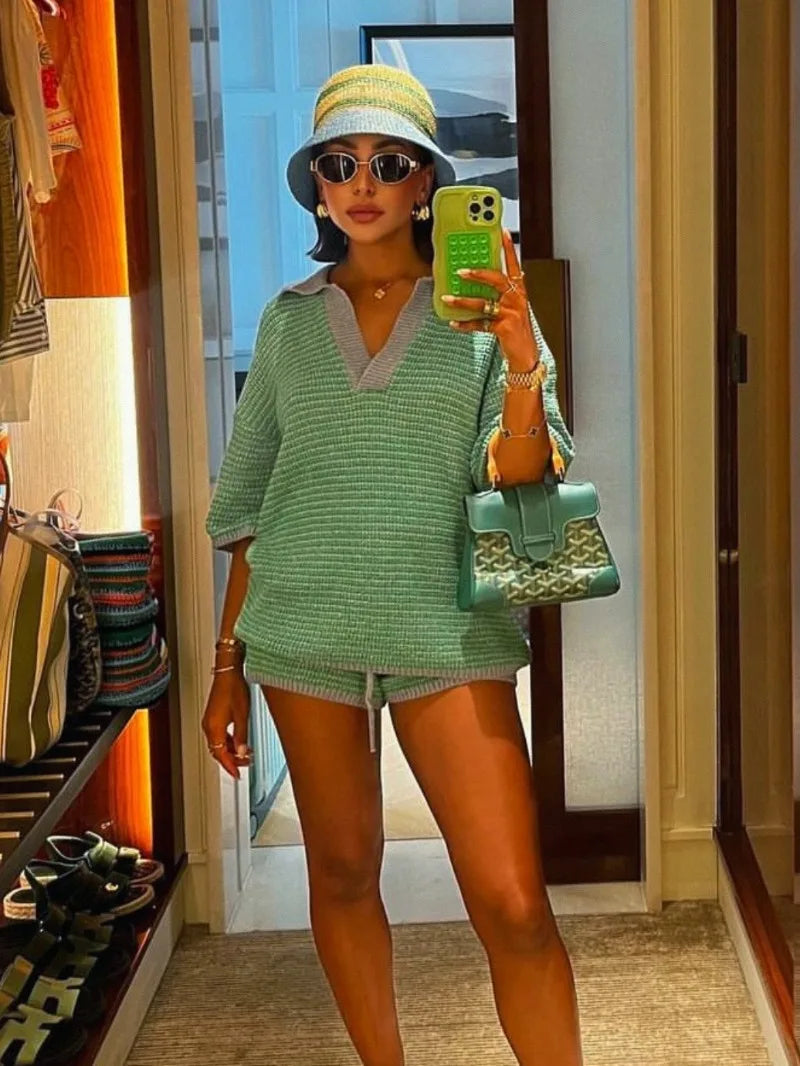 Green and blue striped knit collared short-sleeve top and matching pull-on shorts set