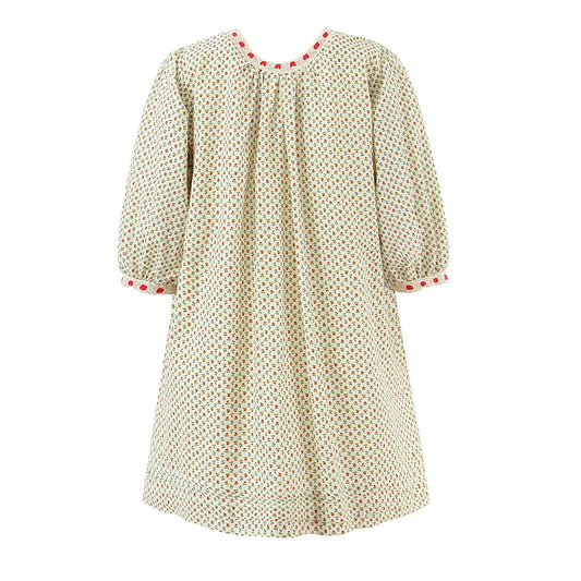Back view of an A-line mini dress with O-neck and puff sleeves.
