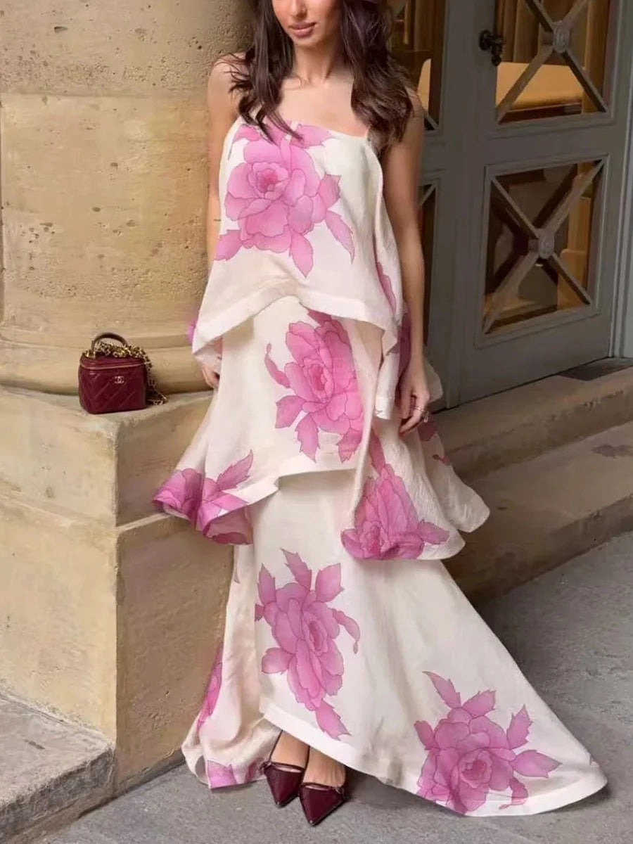Model wearing a floral print layered midi dress outdoors