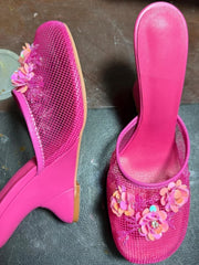 Embellished Mesh Wedge Mule Shoes