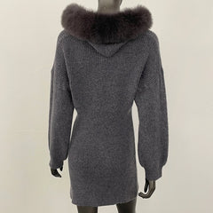 fox fur hooded pullover knit dress