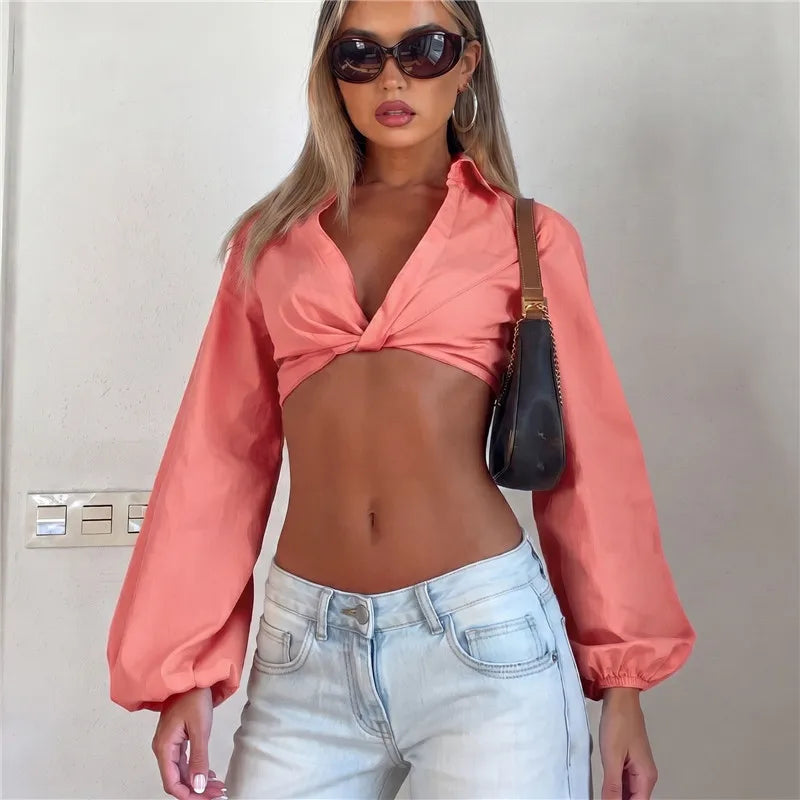 Coral twist knot v-neck crop top