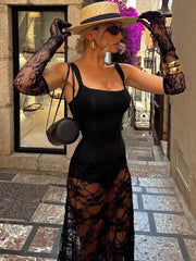 Black Sheer Square Neck Bodysuit Maxi Dress With Gloves