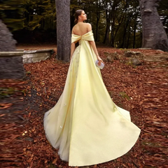 Yellow Satin Luxury Dubai Evening Dress with Cape 2024 Elegant Off Shoulder Women Wedding Party Gowns  Golden Atelier 2