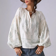 Embroidered Cotton Blouse with Lantern Sleeves