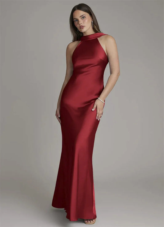 Red halter neck sleeveless satin maxi gown