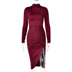 Long Sleeve Ruched Slit Turtleneck Midi Dress