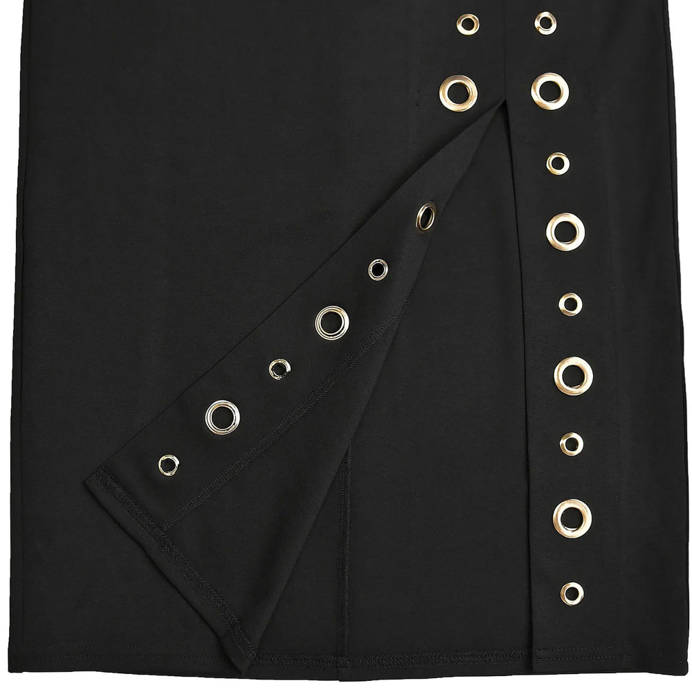Black fabric with gold eyelets 