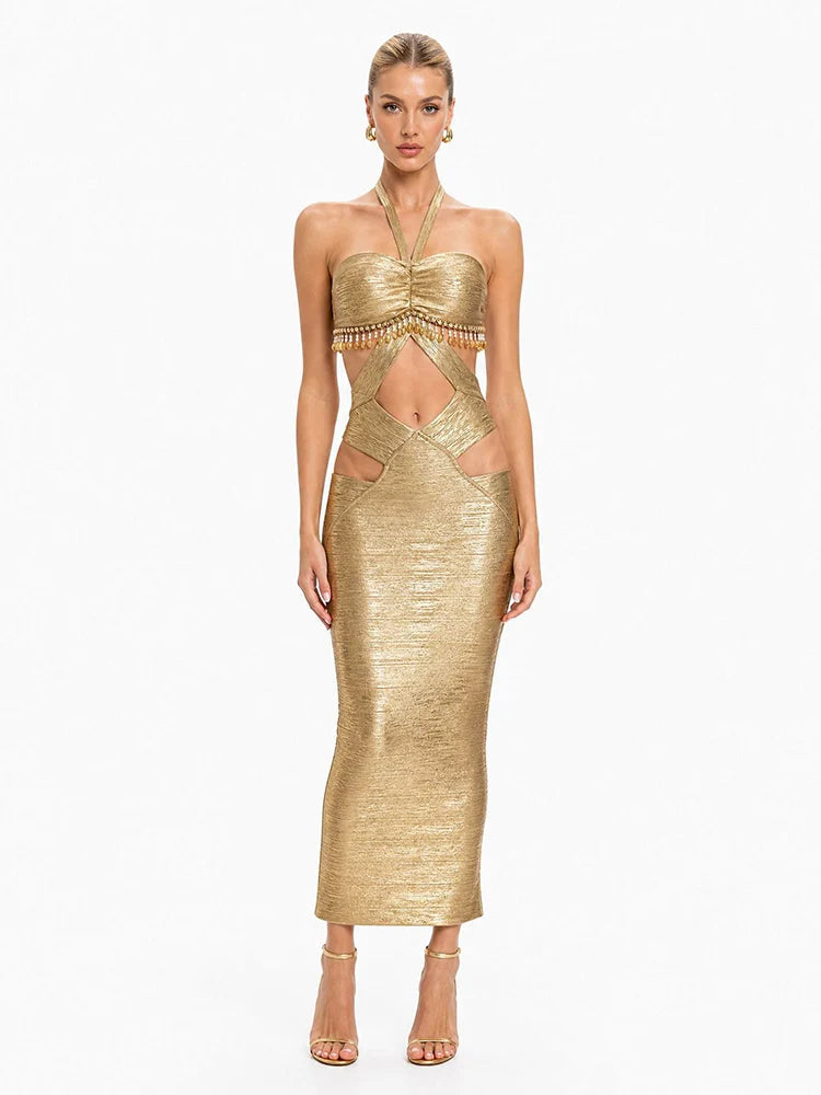Gold beaded halter cutout maxi dress