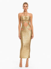 Gold beaded halter cutout maxi dress