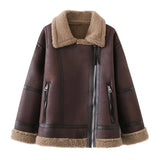 Thick Fur Pu-leather Lapel Long Sleeved Zipper Overcoat