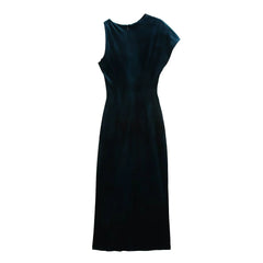 Women's velvet dress with an asymmetric neckline and sleeveless design.