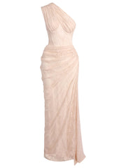 One Shoulder Corset Lace Draped Maxi Dress