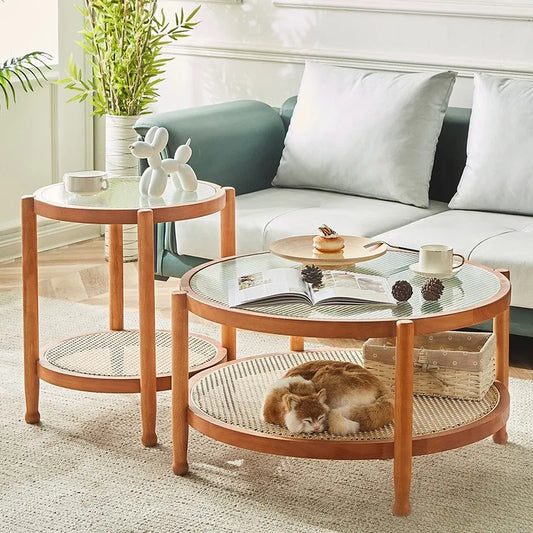 Solid Wood Double Cane Small Round Tea Table