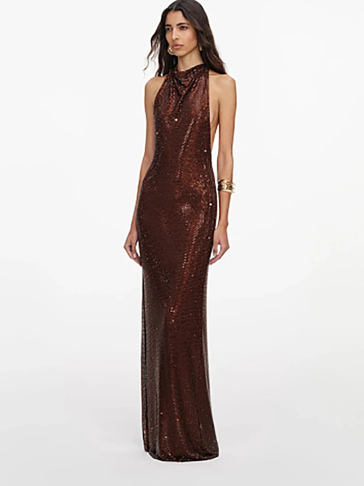 Halter neck sequin maxi dress side view