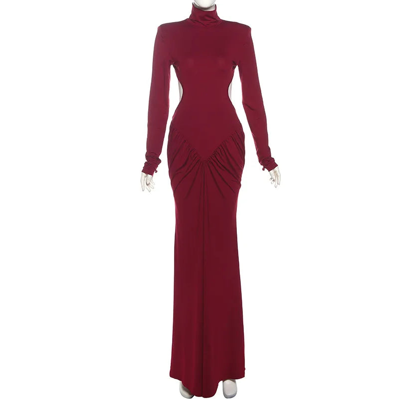 Red evening gown with long sleeves on a white background