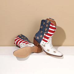 White cowboy boots with American flag design on a beige background