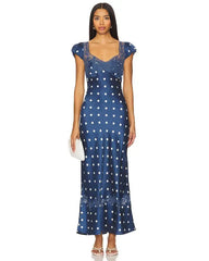 Satin Polka Dot Cap Sleeve Maxi Dress
