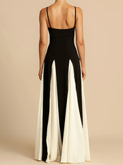 Patchwork Black Spaghetti Strap Evening Long Dress