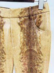 Snake Print Pu Leather Jacket and Flare Pants Set