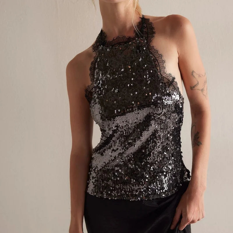 Black sequin halter neck top with lace trim