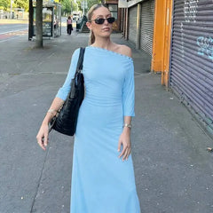 Diagonal Collar Ruched Bodycon Maxi Dress with Metallic Stud Detail