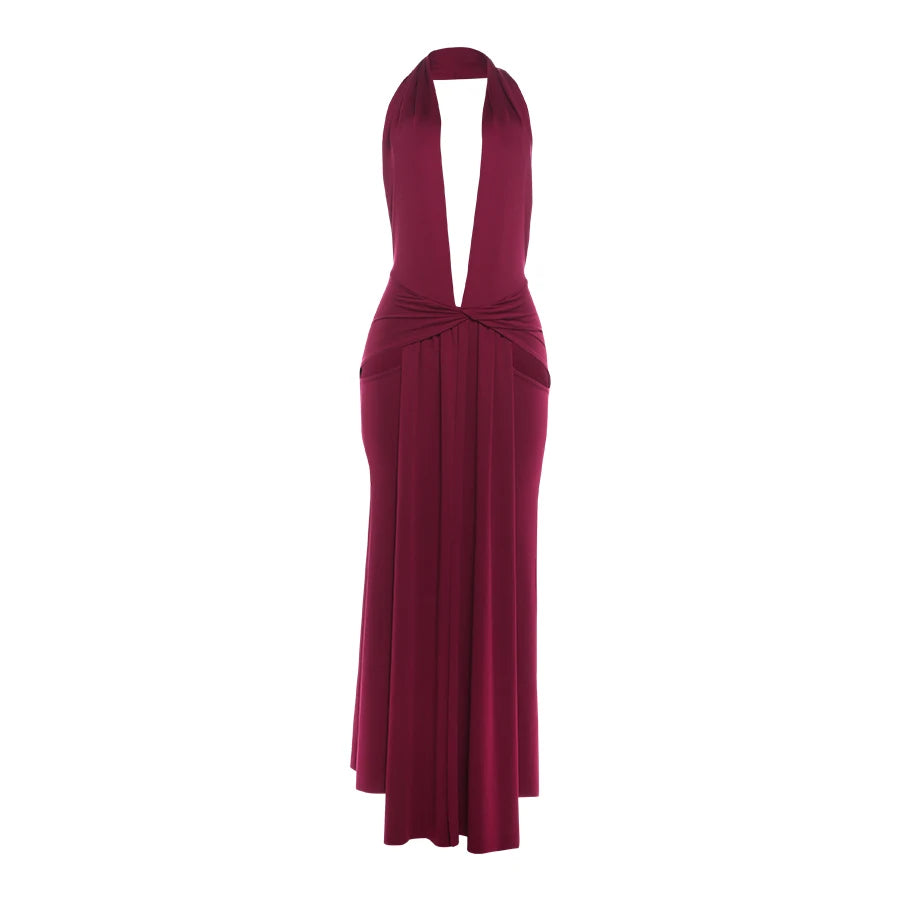 Maroon halter neck gown on a white background