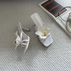 Floral Embellished Square Toe Heels
