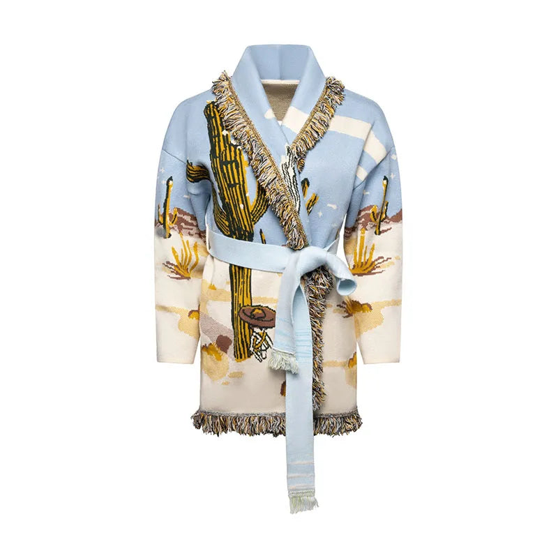 Light blue robe with nature-themed design on a white background