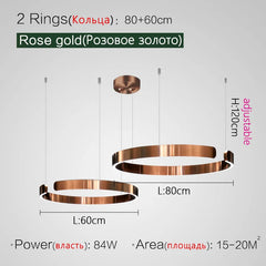 Modern LED round ring ceiling pendant light in a stylish interior setting, with a warm color temperature, suspended in a contemporary space.