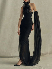 Feather halter neck ruched column maxi dress