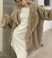 Lapel Long sleeve Shaggy Faux Fur Jacket For Women