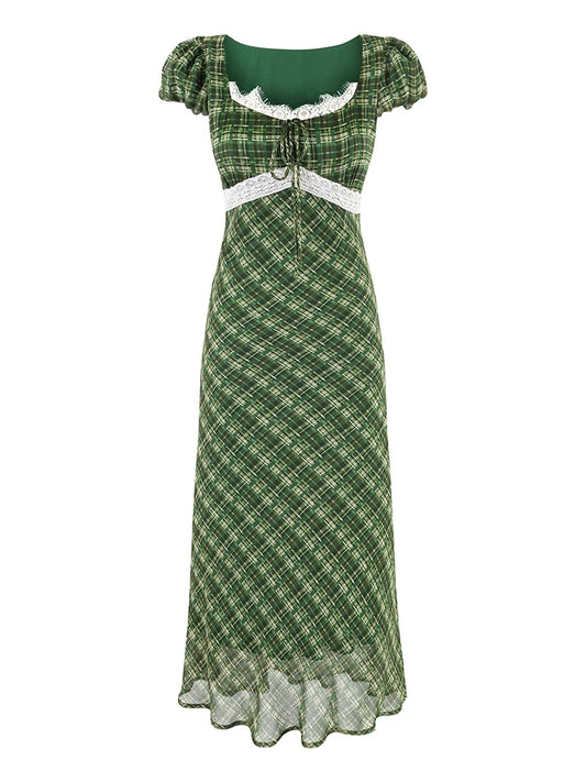 Green plaid midi dress with square neckline, puff sleeves, and lace trim