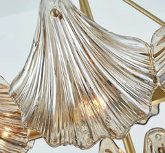 Close-up of a decorative light fixture with ribbed glass shades and gold metal accents.