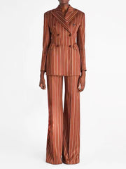 Double breasted striped blazer and wide leg pants suit on model