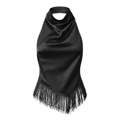 Black halter top with fringe details on a white background