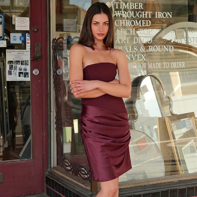 Burgundy strapless ruched satin dress