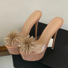 Nude platform stiletto mules with clear PVC and gold rhinestone embellishments