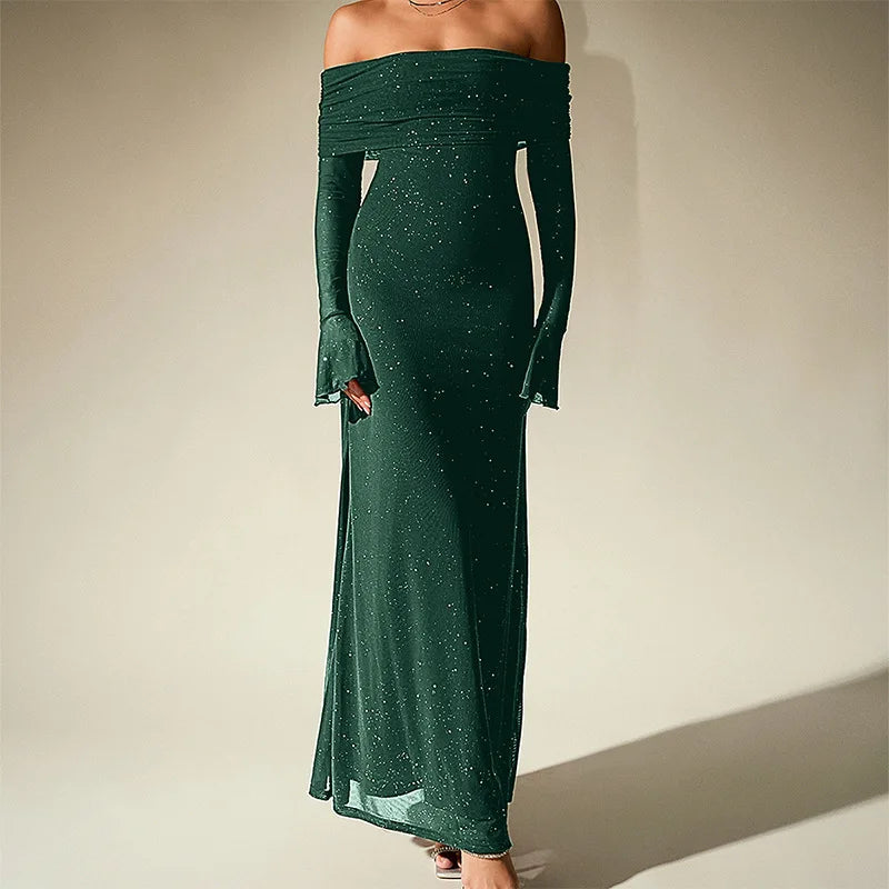 Green off-shoulder long-sleeve dress on a neutral background