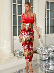 Red and gold glamorous formal gown styled for gala event