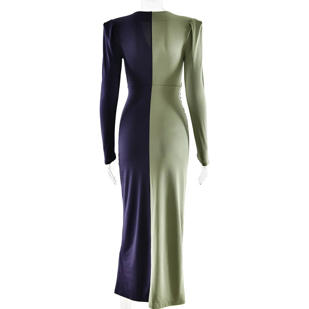 Two-tone dress with dark purple and light green on a white background