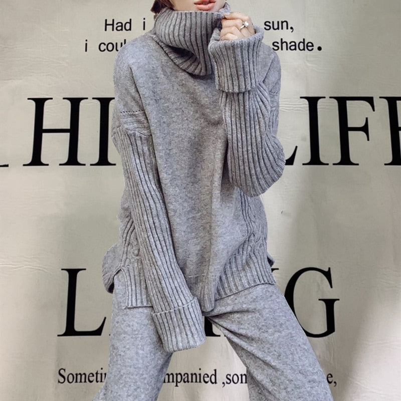Knitted Tracksuit Turtleneck Sweater & Wide Leg Jogging Pant Suit