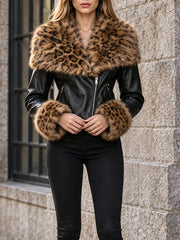 Leopard Print Faux Fur Collar Jacket