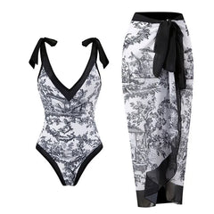 V-Neck Tie-Strap Swimsuit and Wrap Skirt Set